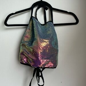 I HEARTRAVES Iridescent Sequin Halter Top Festival Rave Y2K Tie Front Size S